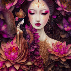 Regal woman with crown in purple lotus setting and fairy on shoulder