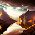 Majestic mountains and waterfalls reflected in serene lake at dusk