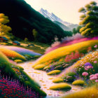 Colorful landscape with flowers, hills, cabins, and mountains under serene sky