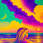 Colorful surreal artwork: Woman's profile, crescent moon, colorful clouds, rippling sea,