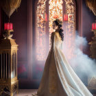 Woman in white dress with red headpiece beside golden urn in luxurious room