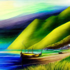 Vibrant Coastal Landscape with Boats, Beach, Sea, and Hills