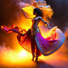 Colorful attire dancer performs with dramatic lighting