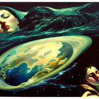 Surreal artwork featuring serene faces in space with flowing blue fabric