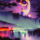 Colorful fantasy landscape with moon, illuminated towers, and shimmering lights.
