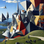 Surreal landscape with geometric shapes, people in park, ships, and aircraft by the coast