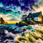 Stormy seascape with house on rocky shore and lightning bolt