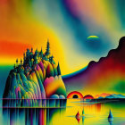 Colorful Castle on Hill with Bridge Over Water in Surreal Landscape