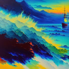 Colorful painting of three sailing ships on rolling waves under blue-orange sky