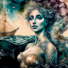 Mermaid portrait with flowing hair in cosmic scene