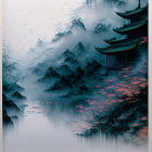 Asian Pagoda on Misty Mountain Slope with Forested Hills in Blue and Pink Hues