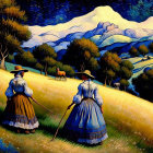 Two Women in Traditional Dresses Walking in Pastoral Landscape