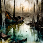 Wooden boats in misty forest with submerged trees in clear blue water