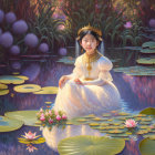 Traditional Attire Woman on Water Lily Pond at Dusk