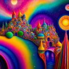 Colorful psychedelic landscape with whimsical castle and swirling galaxies