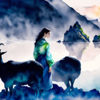 Woman with two goats in misty mountain sunrise or sunset