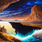 Surreal landscape painting: Floating land mass, dramatic cliffs, calm sea, contrasting sky