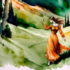 Woman in flowing orange dress walking in vibrant green meadow