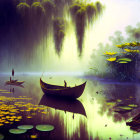 Tranquil lake scene with water lilies, rowing boats, and weeping willows