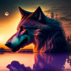 Digital Art: Wolf with Purple Flowers in Sunset Scene