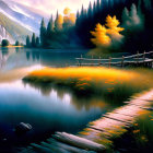 Tranquil lake scene at dusk with wooden pathway, orange boat, autumn trees, and distant mountains