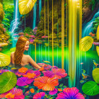 Vibrant fantasy garden with woman, waterfalls, flowers, bird.