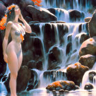 Woman in bikini with flower crown by waterfall and rocks in serene setting