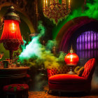 Mystical room with red chaise lounge, ornate lamps, green smoke, and Moorish