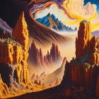 Surreal landscape with orange rock formations and swirling sky