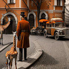 Man in trench coat with giraffe on vintage street with classic cars