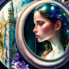 Fantasy artwork: Woman with radiant crown in ornate oval, dreamy castle in autumnal landscape