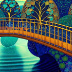 Colorful Stylized Artwork of Person on Bicycle Crossing Bridge