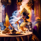 Historically dressed woman smoking pipe at ornate table near gilded mirror