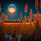 Full Moon Shining on Golden Grass Field with Duck in Pond