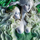 Ethereal artwork of two entwined female figures with green and white hair