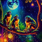 Vibrant monkeys on branch in mystical forest with blue moon and glowing orbs