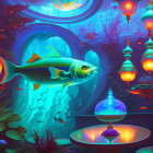 Colorful Underwater Scene with Floating Fish and Jellyfish-like Lamps