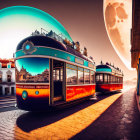 Retro-futuristic trams in a surreal cityscape with moons and radiant sky.