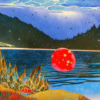 Surreal landscape with large red sun setting over mountains and water