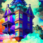 Colorful Victorian House Floating Among Psychedelic Clouds