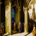 Gothic-style cloister with monks, figures in blue cloaks, intricate arches, stained