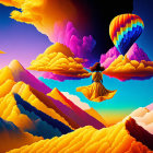 Colorful surreal sky with swing, hot air balloon, and plane