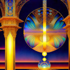 Surreal Artwork Featuring Golden Pillars and Celestial Backdrop