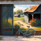 Vintage Blue Bicycle with Basket Near Open Barn Door and Red Flowers on Sunny Farm Landscape