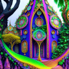 Colorful illustration of intricate treehouse with circular windows in lush, fantastical setting.