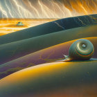 Surreal landscape with rolling hills and ornate snail shell under stormy sky