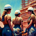 Three women in blue overalls observe futuristic construction site with floating bubbles in cityscape.