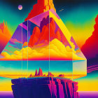 Colorful landscape with transparent pyramid, mountainous island, multicolored sky, two moons, and