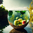 Round fishbowl with green apples, water, and yellow blossoms reflections