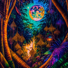 Psychedelic jungle scene with glowing orbs, illuminated mushrooms, and luminous full moon.